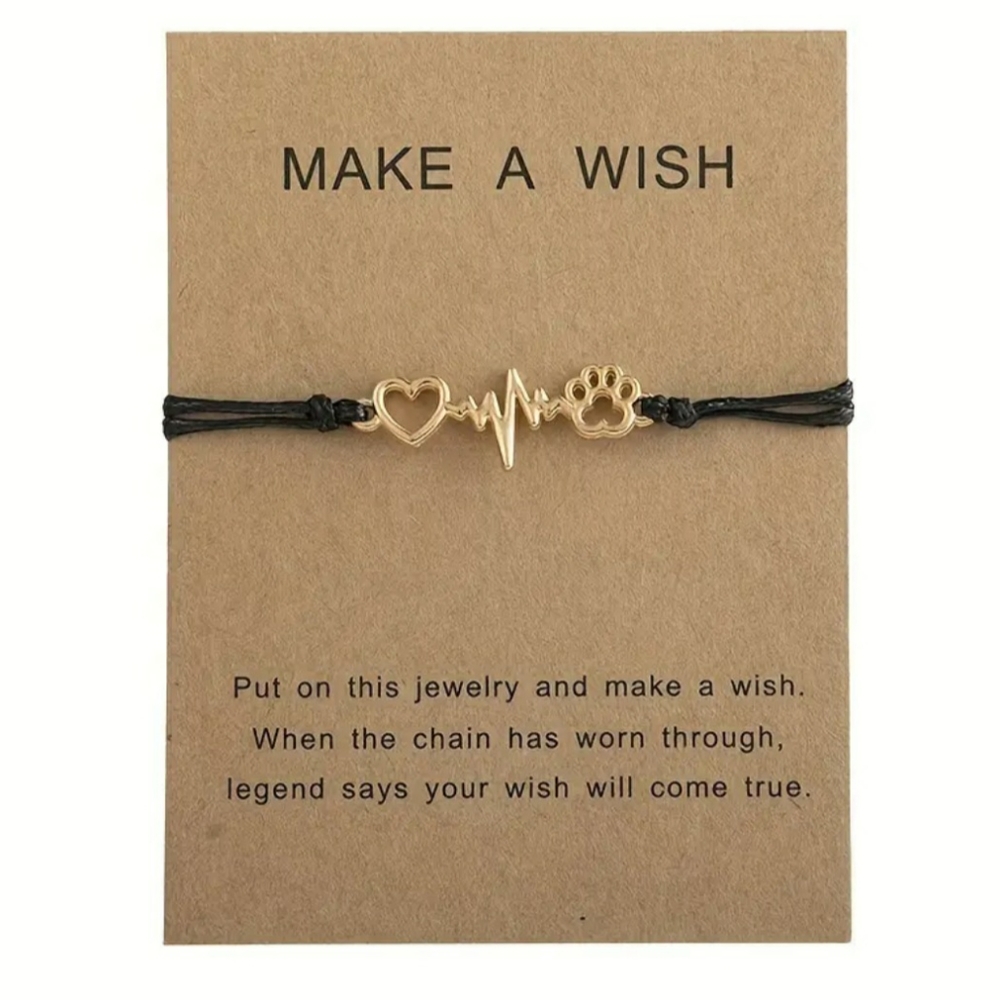 NEW Paw Print Heartbeat and Heart Adjustable Bracelet Black and Gold